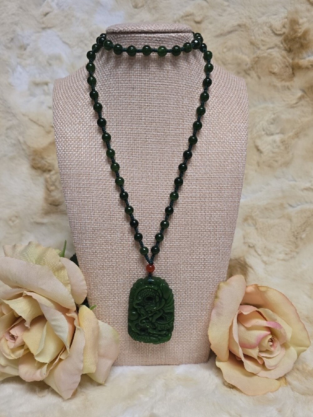 Faux Jade Dragon Pendant W/ Nephrite Jade Beaded Necklace - Picture 3 of 12